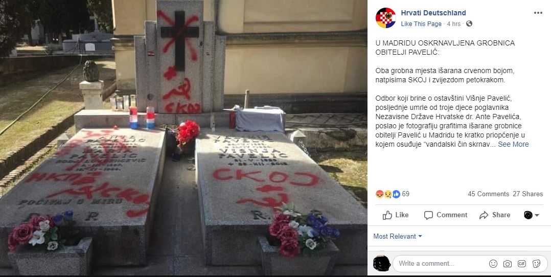 SRP, PETOKRAKA I SKOJ Grob Ante Pavelića išaran komunističkim simbolima (FOTO)