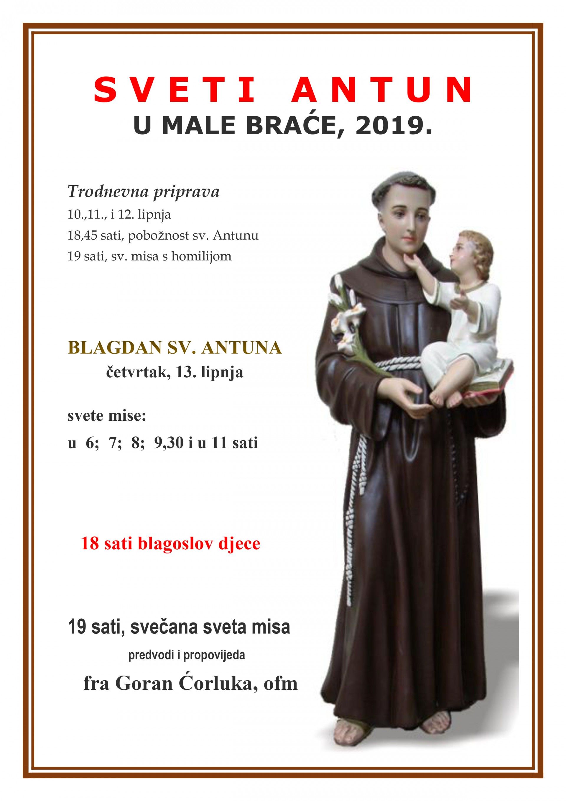 U crkvi Male braće svečano će se slaviti blagdan sv. Antuna, evo programa